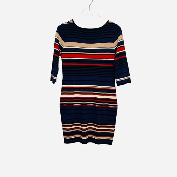 APRICOT Blue and Red Ribbed Sheath Dress with Crew Neck - Picture 8 of 13